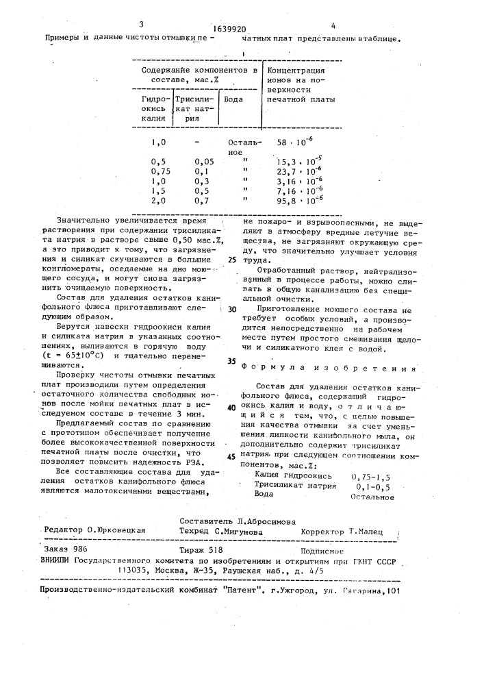 Состав для удаления остатков канифольного флюса (патент 1639920)