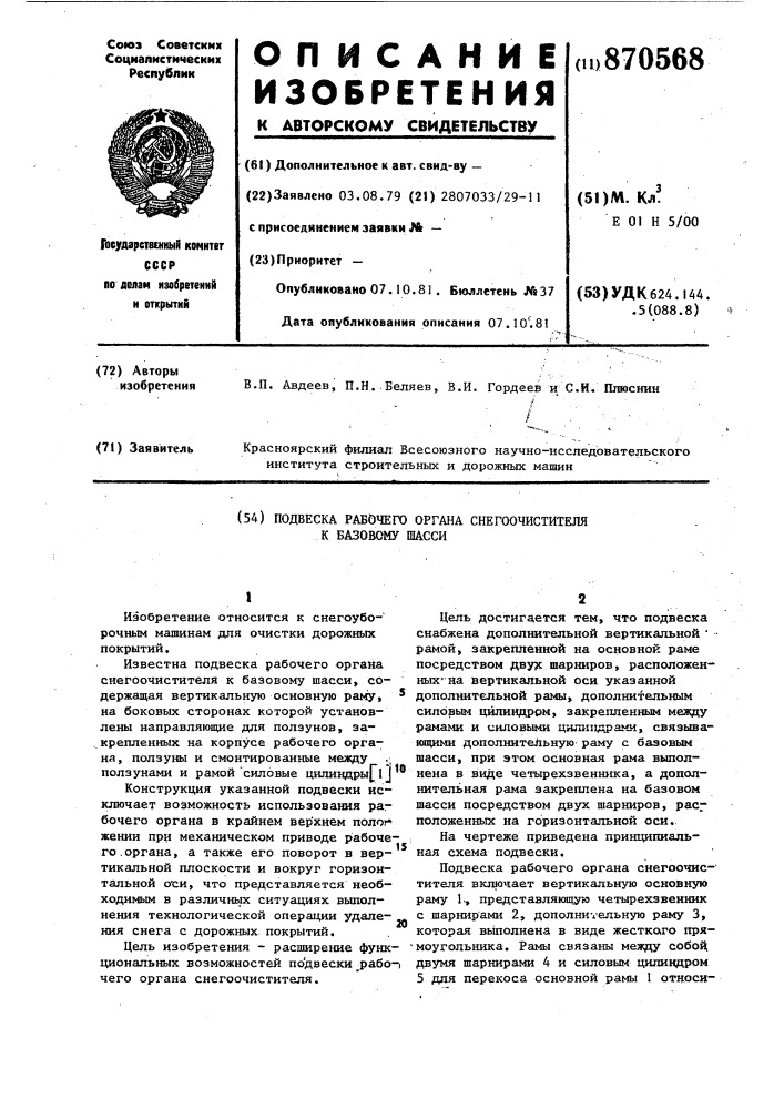 Подвеска рабочего органа снегоочистителя к базовому шасси (патент 870568)