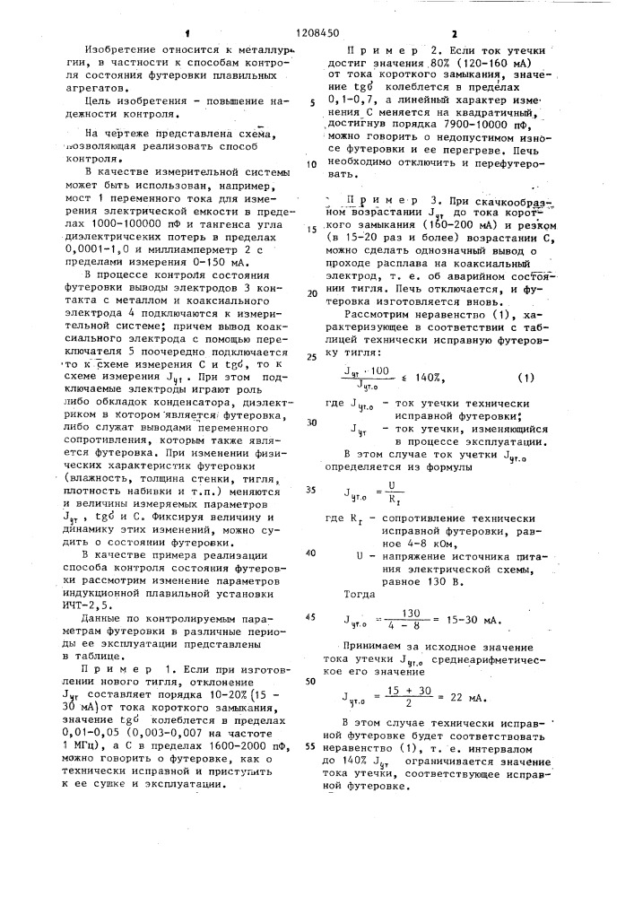 Способ контроля состояния футеровки плавильного агрегата (патент 1208450)