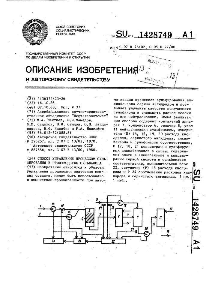 Способ управления процессом сульфирования в производстве сульфанола (патент 1428749)