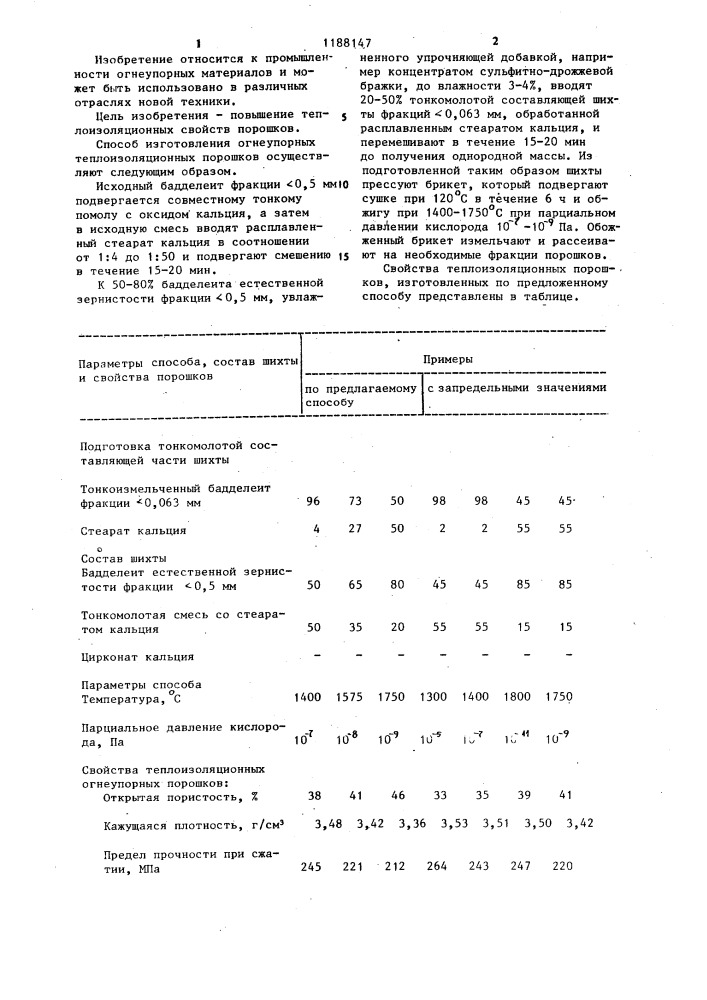 Способ изготовления огнеупорных теплоизоляционных порошков (патент 1188147)