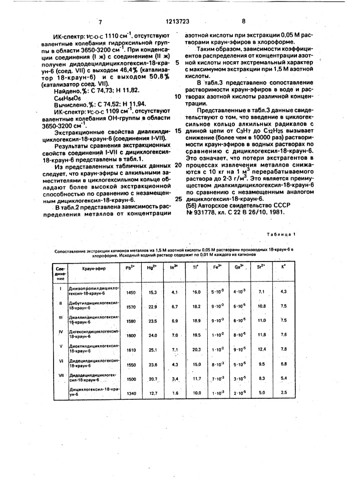 Диалкилдициклогексил-18-краун-6 как экстрагенты калия, ртути, железа, свинца, индия, таллия, галлия и стронция из растворов (патент 1213723)