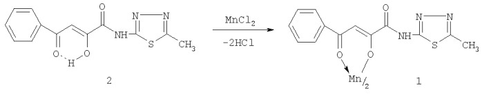 Бис{3-фенил-1-[2-(5-метил-1,3,4-тиадиазолил)]карбоксамидо-1,3-пропандионато}марганец, обладающий противовоспалительной и анальгетической активностью (патент 2396263)