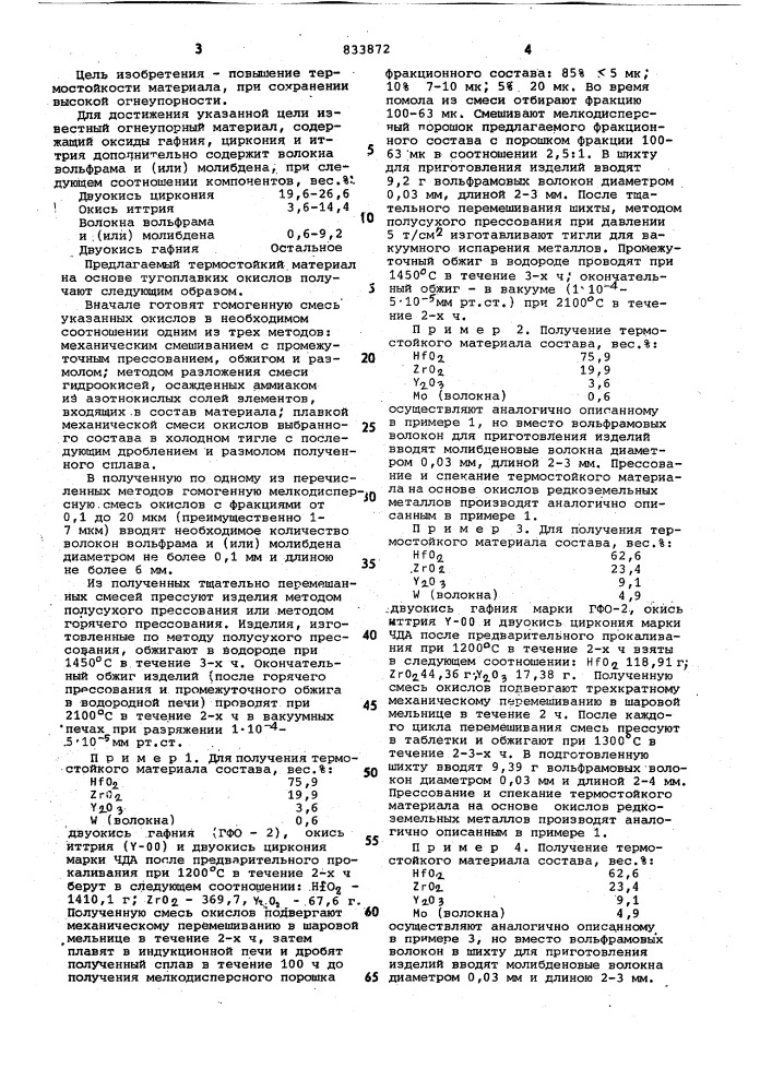 Огнеупорный термостойкий материал (патент 833872)