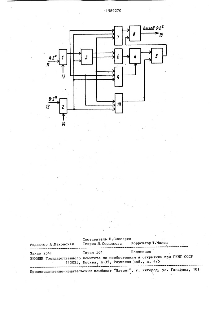 Устройство для суммирования двух чисел с плавающей запятой (патент 1589270)