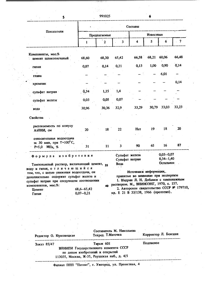 Тампонажный раствор (патент 991025)