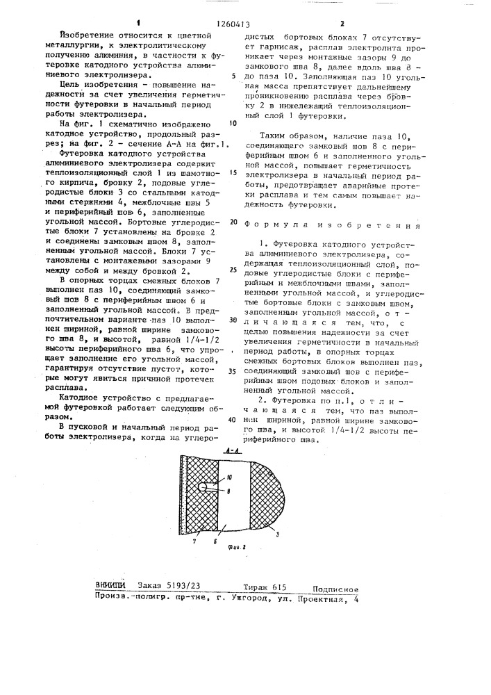 Футеровка катодного устройства алюминиевого электролизера (патент 1260413)