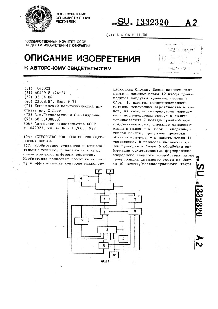 Устройство контроля микропроцессорных блоков (патент 1332320)