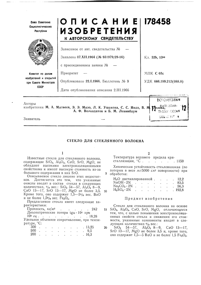 Стекло для стеклянного волокна (патент 178458)