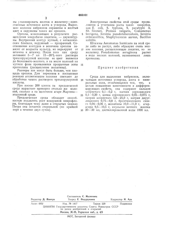 Среда для выделения вибрионов (патент 465101)
