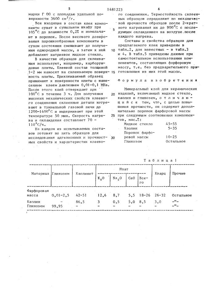 Минеральный клей для керамических изделий (патент 1481223)