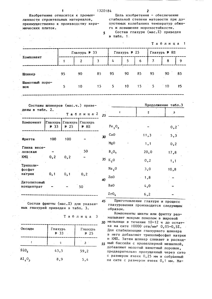 Способ получения матовых глазурей для керамических плиток (патент 1320184)