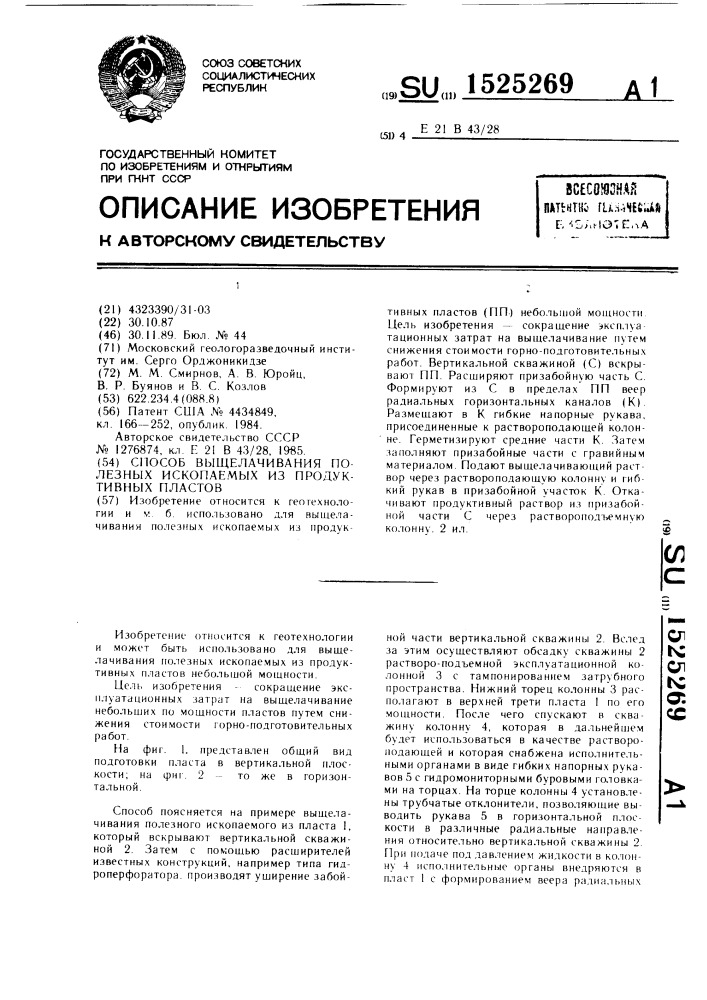 Способ выщелачивания полезных ископаемых из продуктивных пластов (патент 1525269)