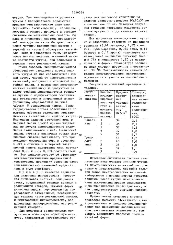 Литниковая система для внутриформенного модифицирования высокопрочного чугуна (патент 1346324)