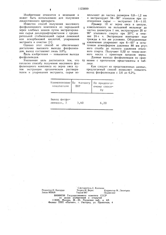 Способ получения масляного фосфолипидного комплекса из зерна овса (патент 1123699)