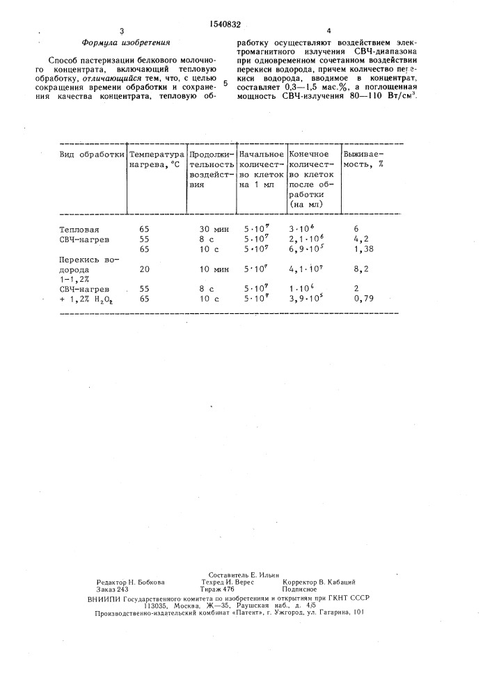 Способ пастеризации белкового молочного концентрата (патент 1540832)