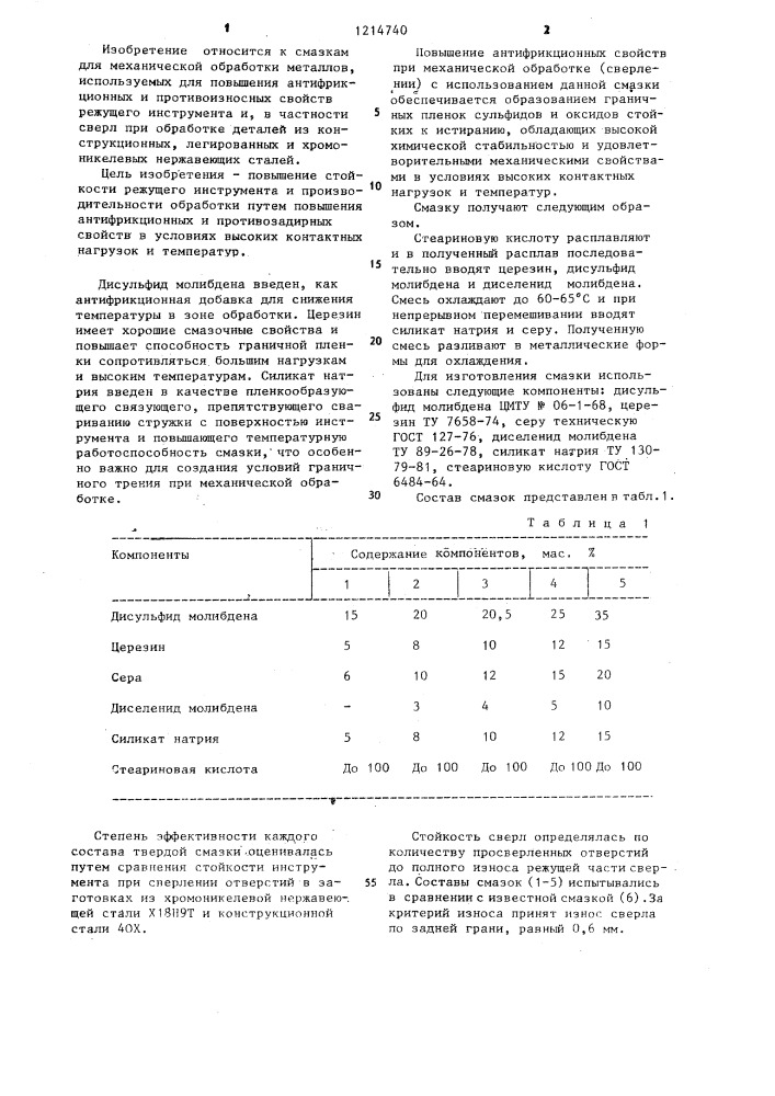 Смазка для механической обработки металлов (патент 1214740)