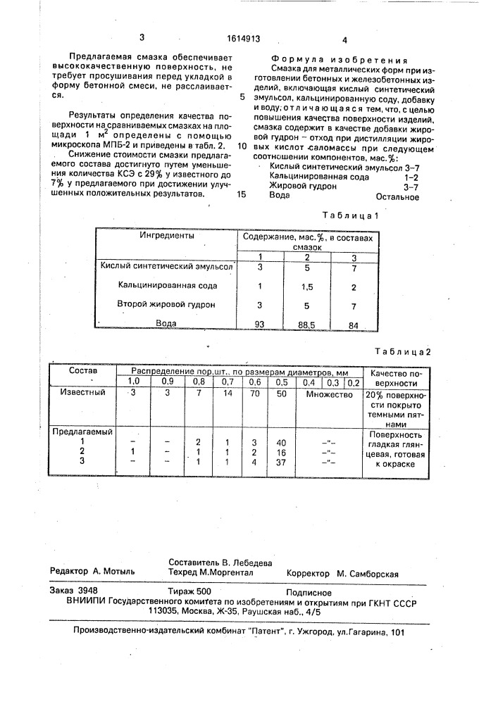 Смазка для металлических форм (патент 1614913)