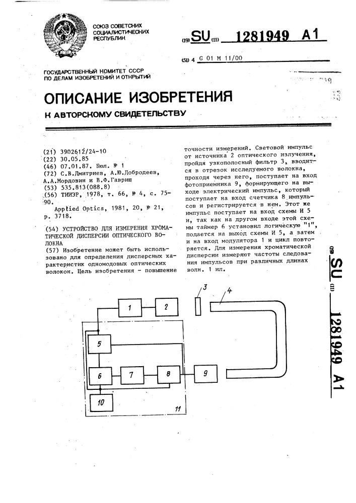 Устройство для измерения хроматической дисперсии оптического волокна (патент 1281949)