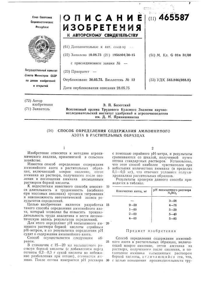 Способ определения содержания аммонийного азота в растительных образцах (патент 465587)