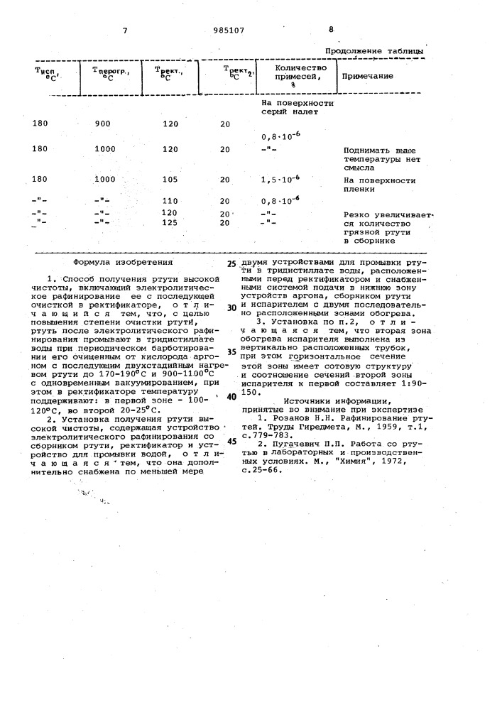 Способ получения ртути высокой чистоты и установка для его осуществления (патент 985107)