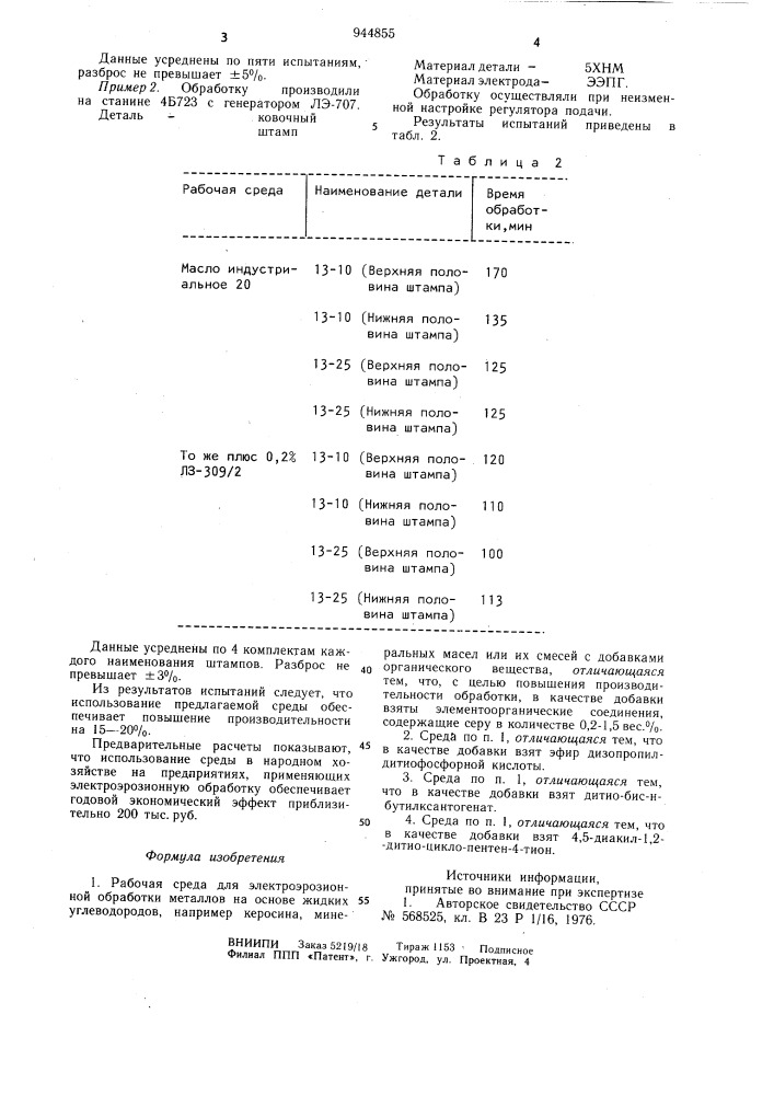 Рабочая среда для электроэрозионной обработки металлов (патент 944855)