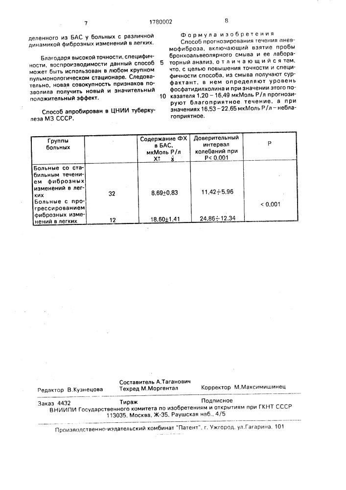 Способ прогнозирования течения пневмофиброза (патент 1780002)