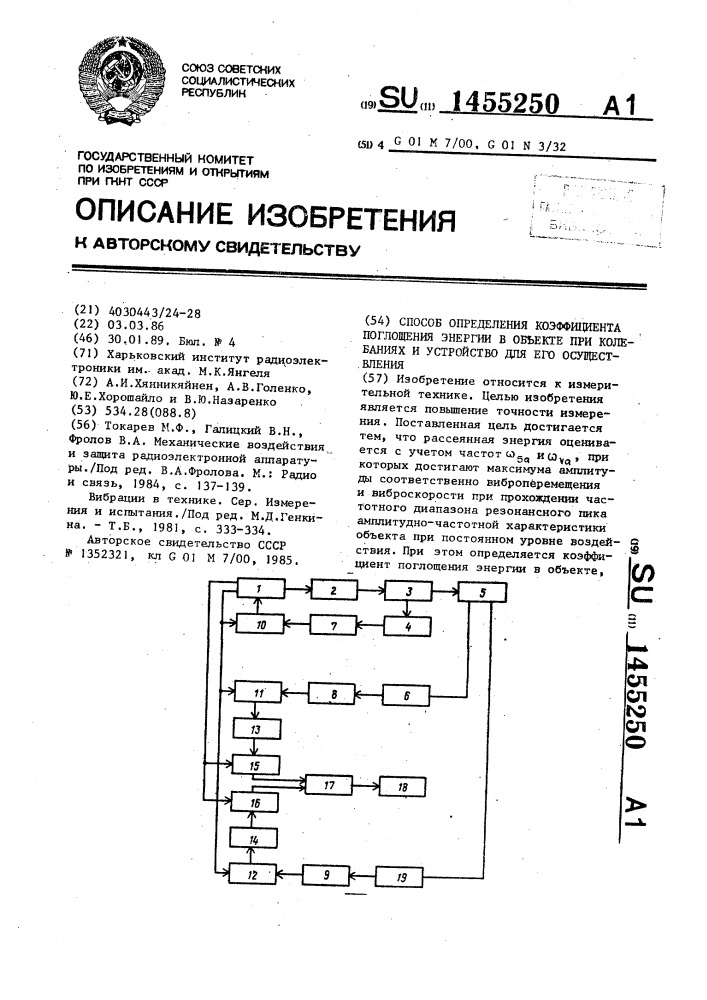 Способ определения коэффициента поглощения энергии в объекте при колебаниях и устройство для его осуществления (патент 1455250)