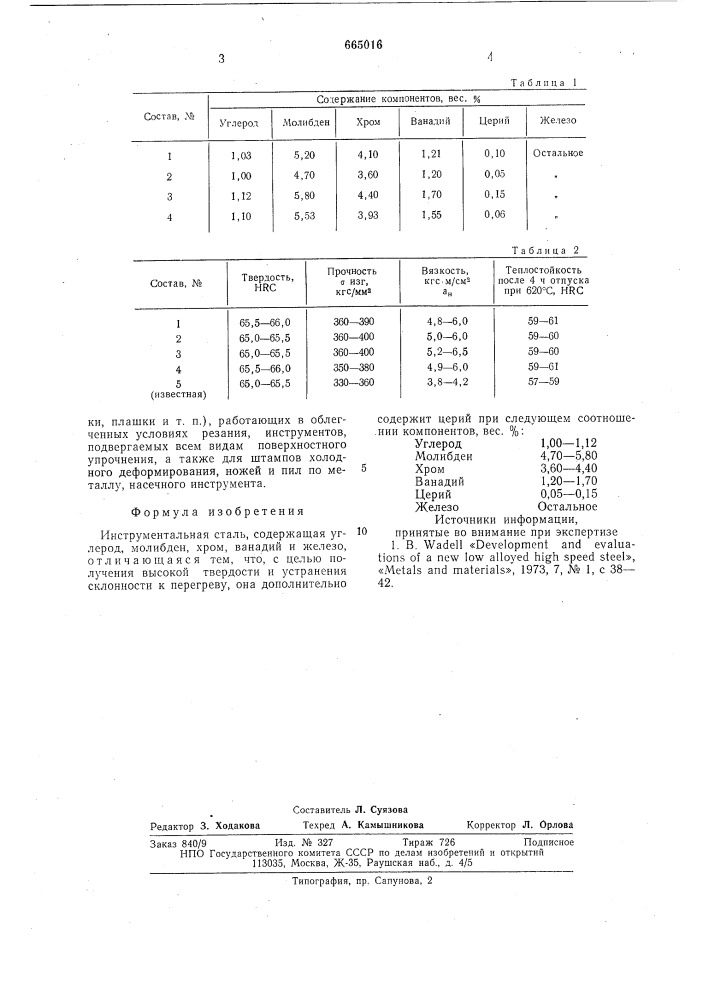 Инструментальная сталь (патент 665016)