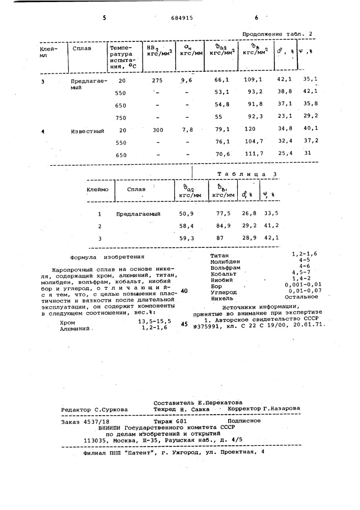 Жаропрочный сплав на основе никеля (патент 684915)