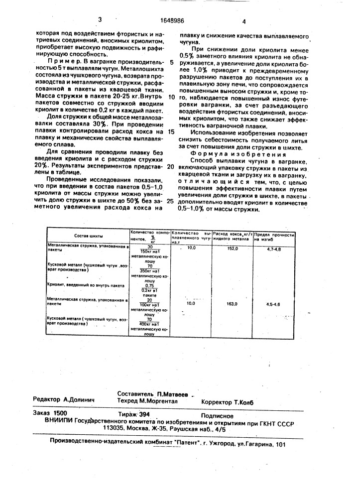 Способ выплавки чугуна в вагранке (патент 1648986)