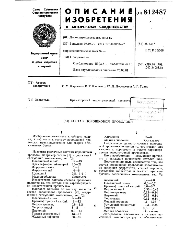 Состав порошковой проволоки (патент 812487)