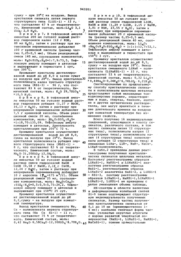 Кристаллические микропористые силикаты щелочных металлов, обладающие молекулярно-ситовыми свойствами и способ их получения (патент 943201)