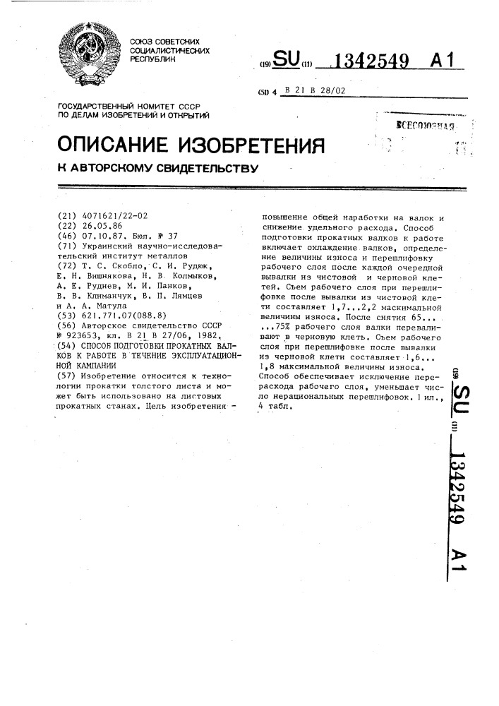 Способ подготовки прокатных валков к работе в течение эксплуатационной кампании (патент 1342549)