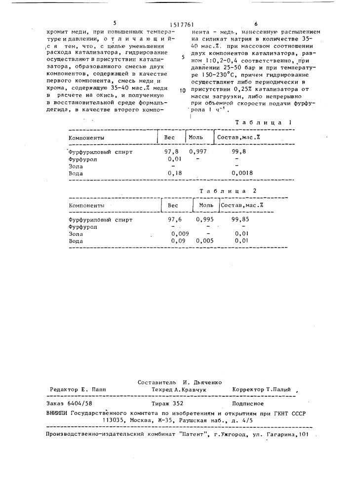 Способ получения фурфурилового спирта (патент 1517761)