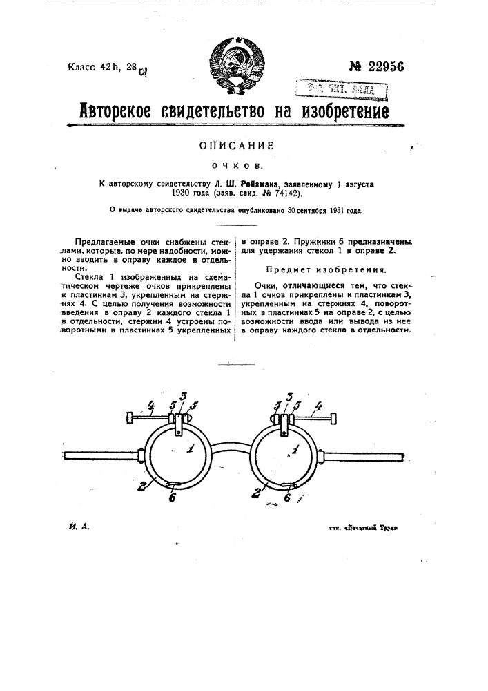 Очки (патент 22956)