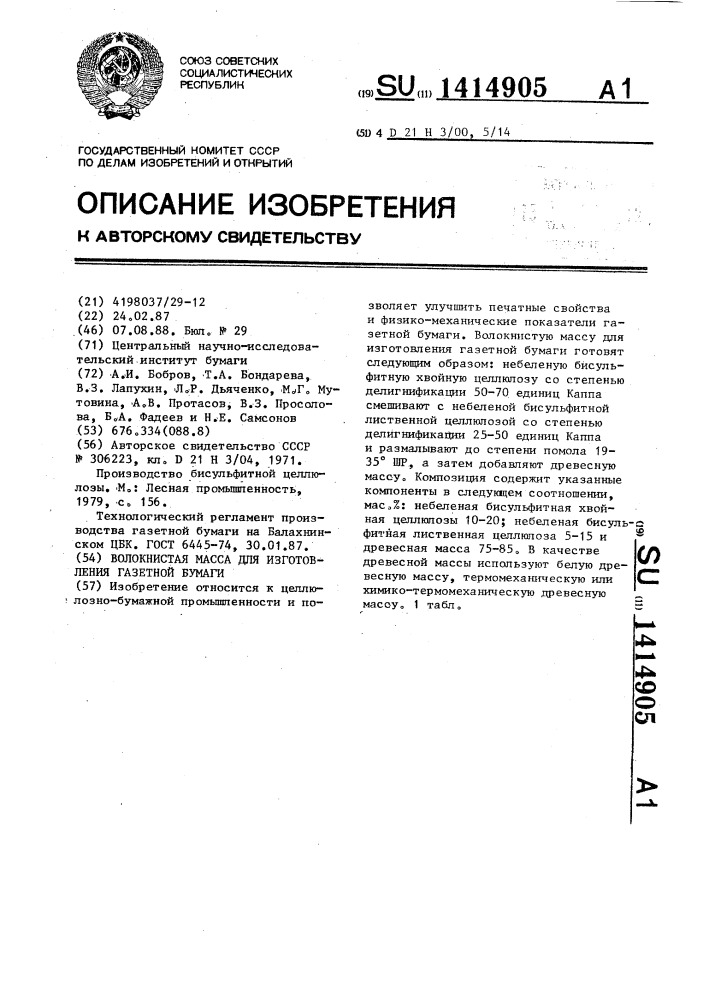 Волокнистая масса для изготовления газетной бумаги (патент 1414905)