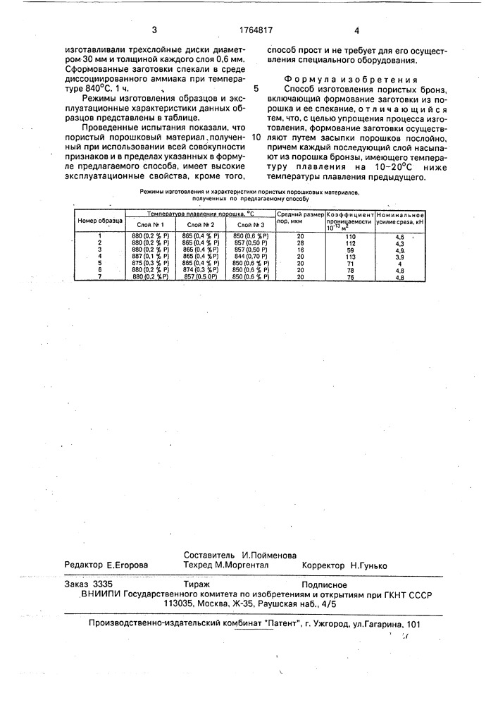 Способ изготовления пористых бронз (патент 1764817)