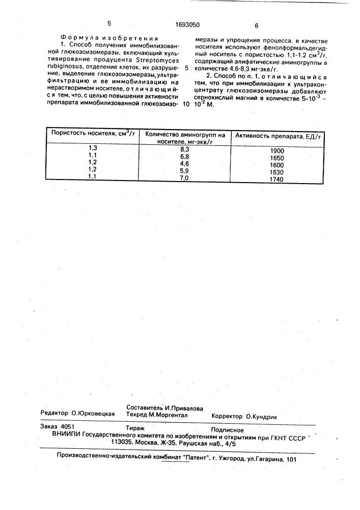 Способ получения иммобилизованной глюкозоизомеразы (патент 1693050)