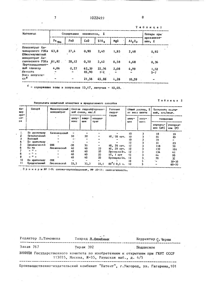 Способ производства безобжиговых окатышей (патент 1022499)