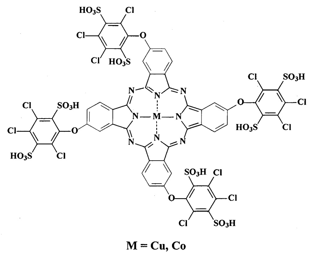 Тетра-4-[4-(2,4,5-трихлор-3,6-дисульфофенокси)]-фталоцианины меди и кобальта (патент 2659224)