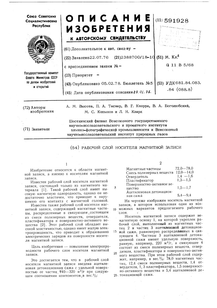 Рабочий слой носителя магнитной записи (патент 591928)