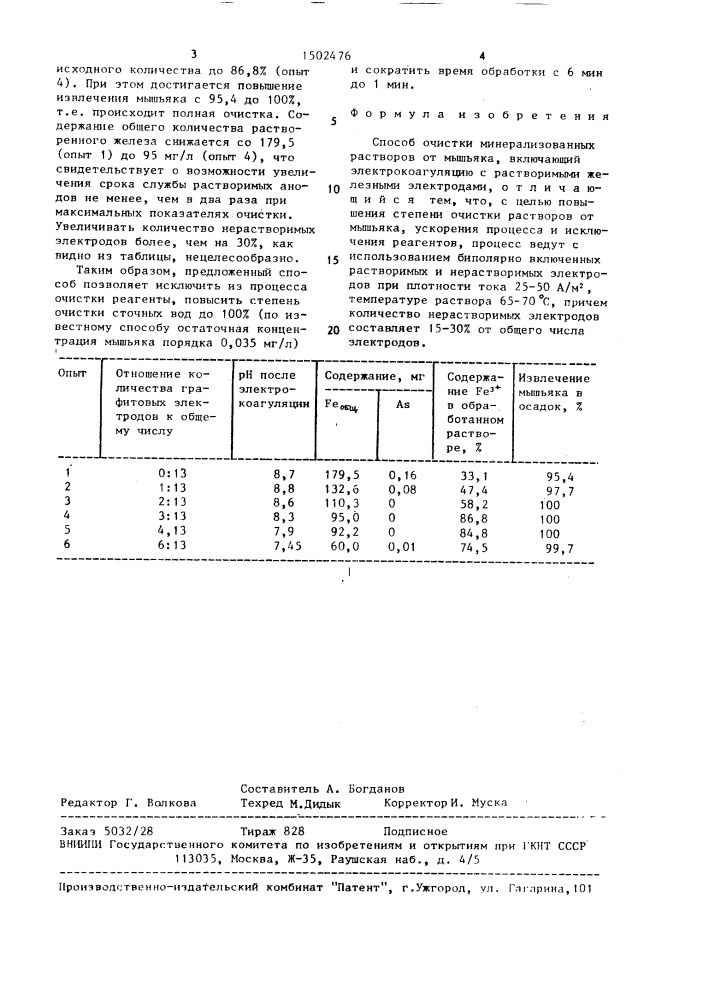 Способ очистки минерализованных растворов от мышьяка (патент 1502476)