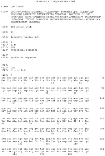 Плазмида для экспрессии в клетках бактерии рода escherichia предшественника рекомбинантного фрагмента тканевого активатора плазминогена (тап) человека (ретеплазы), бактерия, принадлежащая к роду escherichia, - продуцент предшественника рекомбинантного фрагмента тап человека (ретеплазы) или [-1]метионил-фрагмент тап человека (ретеплазы), предшественник рекомбинантного фрагмента тап человека (ретеплазы), способ получения предшественника рекомбинантного фрагмента тап человека (ретеплазы) (патент 2495933)