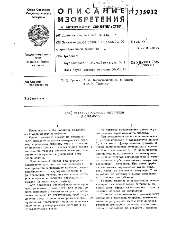 Способ разливки металлов и сплавов (патент 235932)