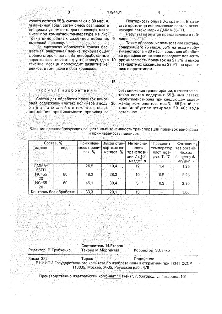 Состав для обработки прививок винограда (патент 1794431)