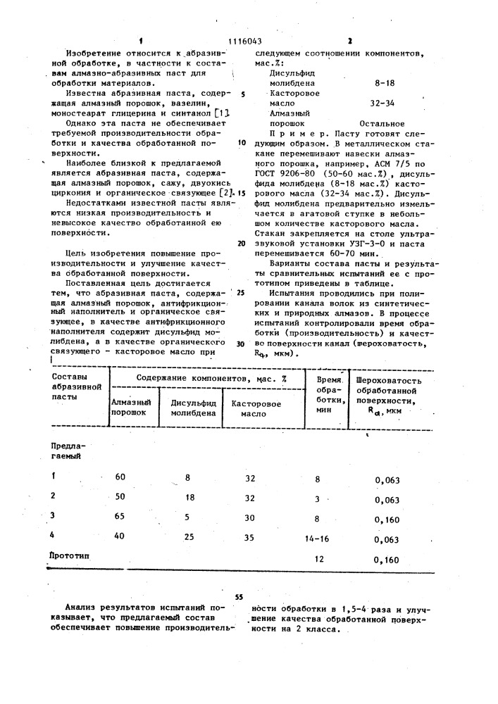 Абразивная паста (патент 1116043)