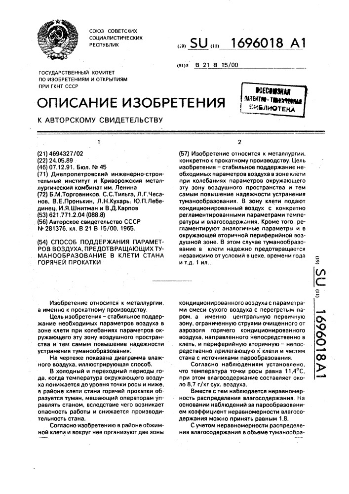 Способ поддержания параметров воздуха, предотвращающих туманообразование в клети стана горячей прокатки (патент 1696018)