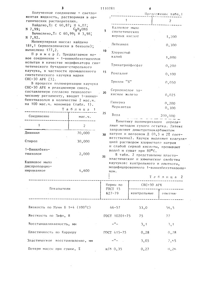 1-винилбензтиазолон в качестве модификатора бутадиенстирольного каучука (патент 1110781)