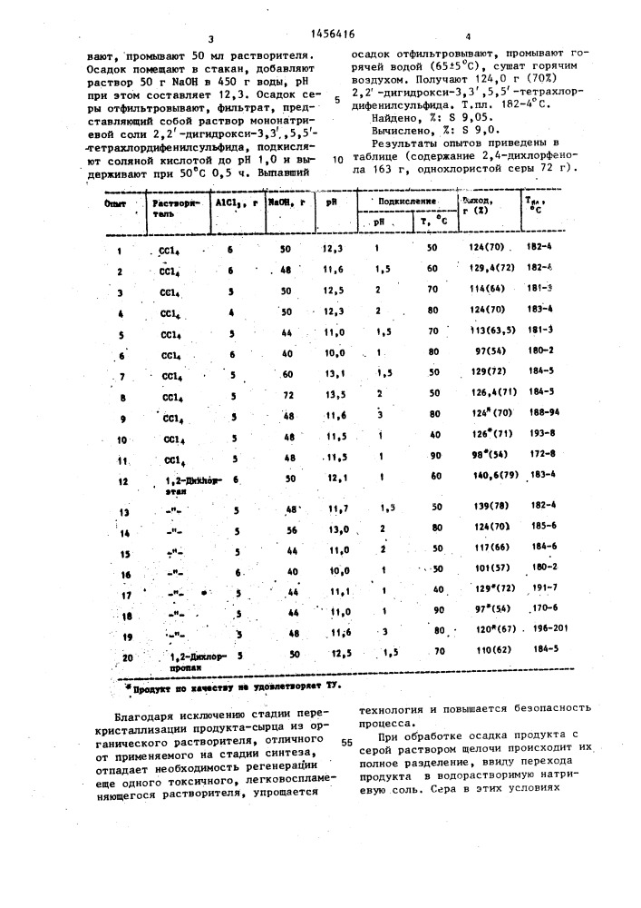 Способ выделения 2,2 @ -дигидрокси-3,3 @ ,5,5 @ - тетрахлордифенилсульфида (патент 1456416)